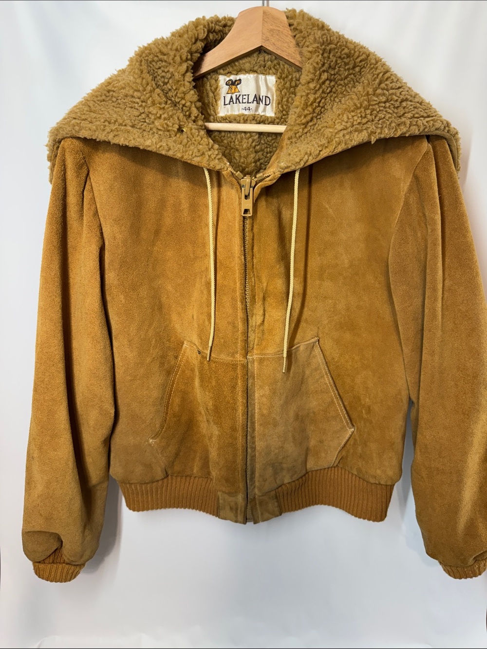 Vintage Lakeland Tan Leather Hooded Workwear Jacket Sherpa Lined Size 44